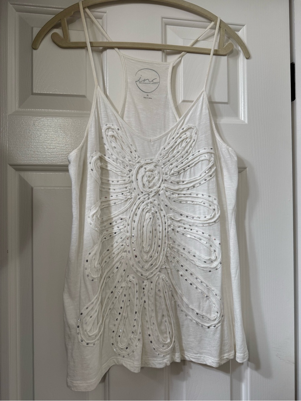 INC International Concepts White Tank Top with Dainty Silver Sequins - XL